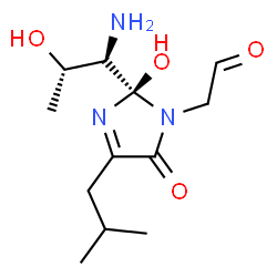 ChemSpider 2D Image | {(2R)-2-[(1R,2S)-1-Amino-2-hydroxypropyl]-2-hydroxy-4-isobutyl-5-oxo-2,5-dihydro-1H-imidazol-1-yl}acetaldehyde | C12H21N3O4