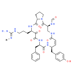 ChemSpider 2D Image | 1-{3-[(3R,7R,10R,11Z,16S,21aS)-7-Benzyl-16-formamido-10-(4-hydroxybenzyl)-1,4,5,8,13,17-hexaoxo-2,3,4,5,6,7,8,9,10,13,14,15,16,17,19,20,21,21a-octadecahydro-1H-pyrrolo[2,1-j][1,4,8,11,15]pentaazacyclo
nonadecin-3-yl]propyl}guanidine | C36H45N9O8