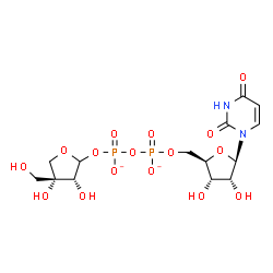 ChemSpider 2D Image | 5'-O-{[({[(3R,4R)-3,4-Dihydroxy-4-(hydroxymethyl)tetrahydro-2-furanyl]oxy}phosphinato)oxy]phosphinato}uridine | C14H20N2O16P2