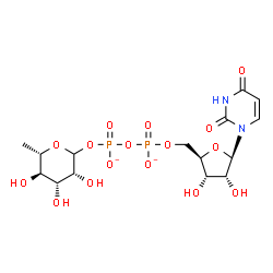 ChemSpider 2D Image | [[(2R,3S,4R,5R)-5-(2,4-dioxopyrimidin-1-yl)-3,4-dihydroxy-tetrahydrofuran-2-yl]methoxy-oxido-phosphoryl] [(3R,4R,5R,6S)-3,4,5-trihydroxy-6-methyl-tetrahydropyran-2-yl] phosphate | C15H22N2O16P2