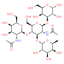 ChemSpider 2D Image | beta-D-GalpNAc-(1->4)-[alpha-L-Fucp-(1->3)]-beta-D-GlcpNAc-(1->3)-alpha-D-Galp | C28H48N2O20