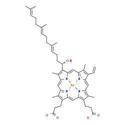 ChemSpider 2D Image | [3,3'-{8-[(1S,4E,8E)-1-Hydroxy-5,9,13-trimethyl-4,8,12-tetradecatrien-1-yl]-3,7,12,17-tetramethyl-13-vinyl-2,18-porphyrindiyl-kappa~4~N~21~,N~22~,N~23~,N~24~}dipropanoato(4-)]ferrate(2-) | C49H56FeN4O5