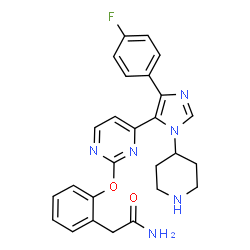 ChemSpider 2D Image | 2-[2-({4-[4-(4-Fluorophenyl)-1-(4-piperidinyl)-1H-imidazol-5-yl]-2-pyrimidinyl}oxy)phenyl]acetamide | C26H25FN6O2