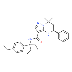 ChemSpider 2D Image | (5R)-N-[3-(4-Ethylphenyl)-3-pentanyl]-2,7,7-trimethyl-5-phenyl-4,5,6,7-tetrahydropyrazolo[1,5-a]pyrimidine-3-carboxamide | C29H38N4O