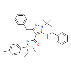 ChemSpider 2D Image | 2-Benzyl-7,7-dimethyl-N-[3-(4-methylphenyl)-3-pentanyl]-5-phenyl-4,5,6,7-tetrahydropyrazolo[1,5-a]pyrimidine-3-carboxamide | C34H40N4O