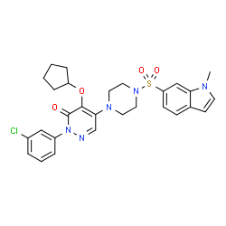 ChemSpider 2D Image | 2-(3-Chlorophenyl)-4-(cyclopentyloxy)-5-{4-[(1-methyl-1H-indol-6-yl)sulfonyl]-1-piperazinyl}-3(2H)-pyridazinone | C28H30ClN5O4S