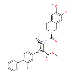 ChemSpider 2D Image | Methyl (1R,5S)-8-[(6,7-dimethoxy-3,4-dihydro-2(1H)-isoquinolinyl)carbonyl]-3-(2-fluoro-4-biphenylyl)-8-azabicyclo[3.2.1]oct-2-ene-2-carboxylate | C33H33FN2O5