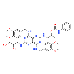 ChemSpider 2D Image | 1-({6-[(2,3-Dihydroxypropyl)amino]-4,8-bis[(3,4-dimethoxybenzyl)amino]pyrimido[5,4-d]pyrimidin-2-yl}amino)-2-propanyl phenylcarbamate | C37H45N9O8