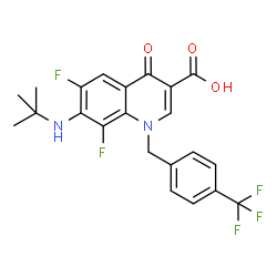 ChemSpider 2D Image | 6,8-Difluoro-7-[(2-methyl-2-propanyl)amino]-4-oxo-1-[4-(trifluoromethyl)benzyl]-1,4-dihydro-3-quinolinecarboxylic acid | C22H19F5N2O3