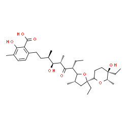 ChemSpider 2D Image | 6-[(3R,4S,5S,7R)-7-{(3S,5S)-5-Ethyl-5-[(2R,5R,6S)-5-ethyl-5-hydroxy-6-methyltetrahydro-2H-pyran-2-yl]-3-methyltetrahydro-2-furanyl}-4-hydroxy-3,5-dimethyl-6-oxononyl]-2-hydroxy-3-methylbenzoic acid | C34H54O8