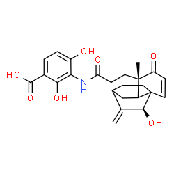 ChemSpider 2D Image | 2,4-Dihydroxy-3-({3-[(5S,10S)-10-hydroxy-5-methyl-9-methylene-4-oxotricyclo[6.2.2.0~1,6~]dodec-2-en-5-yl]propanoyl}amino)benzoic acid | C24H27NO7