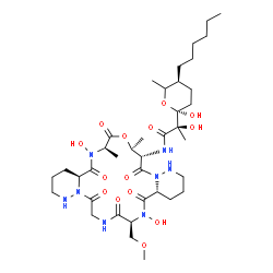 ChemSpider 2D Image | (2R)-N-[(4aR,7S,16aS,19R,22S,23S)-6,18-Dihydroxy-7-(methoxymethyl)-19,22-dimethyl-5,8,11,17,20,24-hexaoxodocosahydro-13H,22H-dipyridazino[6,1-f:6',1'-o][1,4,7,10,13,16]oxapentaazacyclononadecin-23-yl]
-2-[(2S,5S)-5-hexyl-2-hydroxy-6-methyltetrahydro-2H-pyran-2-yl]-2-hydroxypropanamide | C38H64N8O14