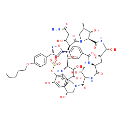 ChemSpider 2D Image | 5-[(1S,2S)-2-{(2R,9S,11R,12R,14aS,15S,16S,20S,23S,25aS)-20-[(1R)-3-Amino-1-hydroxy-3-oxopropyl]-2,11,12,15-tetrahydroxy-6-[(1R)-1-hydroxyethyl]-16-methyl-5,8,14,19,22,25-hexaoxo-9-[(4-{3-[4-(pentyloxy
)phenyl]-1,2-oxazol-5-yl}benzoyl)amino]tetracosahydro-1H-dipyrrolo[2,1-c:2',1'-l][1,4,7,10,13,16]hexaazacyclohenicosin-23-yl}-1,2-dihydroxyethyl]-2-hydroxyphenyl hydrogen sulfate | C56H71N9O23S