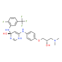 ChemSpider 2D Image | (4R)-6-({4-[(2S)-3-(Dimethylamino)-2-hydroxypropoxy]phenyl}amino)-4-{[2-fluoro-5-(trifluoromethyl)phenyl]amino}-1,4-dihydro-4-pyrimidinol | C22H25F4N5O3