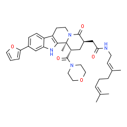 ChemSpider 2D Image | N-[(2E)-3,7-Dimethyl-2,6-octadien-1-yl]-2-[(1S,3R,12bS)-10-(2-furyl)-12b-methyl-1-(4-morpholinylcarbonyl)-4-oxo-1,2,3,4,6,7,12,12b-octahydroindolo[2,3-a]quinolizin-3-yl]acetamide | C37H46N4O5