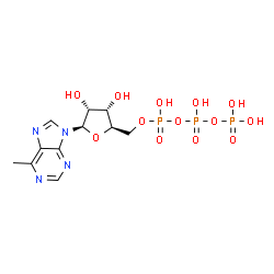 ChemSpider 2D Image | 9-[5-O-(Hydroxy{[hydroxy(phosphonooxy)phosphoryl]oxy}phosphoryl)-beta-D-ribofuranosyl]-6-methyl-9H-purine | C11H17N4O13P3
