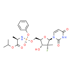 ChemSpider 2D Image | Isopropyl (2R)-2-{[{[(2R,3R,4R,5R)-5-(2,4-dioxo-3,4-dihydro-1(2H)-pyrimidinyl)-4-fluoro-3-hydroxy-4-methyltetrahydro-2-furanyl]methoxy}(phenoxy)phosphoryl]amino}propanoate | C22H29FN3O9P