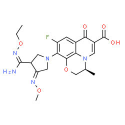 ChemSpider 2D Image | (3S)-10-[(4Z)-3-(N-Ethoxycarbamimidoyl)-4-(methoxyimino)-1-pyrrolidinyl]-9-fluoro-3-methyl-7-oxo-2,3-dihydro-7H-[1,4]oxazino[2,3,4-ij]quinoline-6-carboxylic acid | C21H24FN5O6
