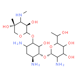 ChemSpider 2D Image | (3R,4S)-4,6-Diamino-3-{[(1R)-2-amino-2-deoxy-5-(1-hydroxyethyl)pentopyranosyl]oxy}-2-hydroxycyclohexyl (3xi)-3-deoxy-4-C-methyl-3-(methylamino)-L-threo-pentopyranoside | C20H40N4O10