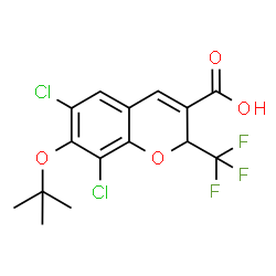 ChemSpider 2D Image | 6,8-Dichloro-7-[(2-methyl-2-propanyl)oxy]-2-(trifluoromethyl)-2H-chromene-3-carboxylic acid | C15H13Cl2F3O4