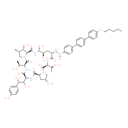 ChemSpider 2D Image | N-{(2R,6S,9S,11R,12R,14aS,15S,16S,20S,23S,25aS)-23-[(1S,2S)-1,2-Dihydroxy-2-(4-hydroxyphenyl)ethyl]-2,11,12,15-tetrahydroxy-6,20-bis[(1S)-1-hydroxyethyl]-16-methyl-5,8,14,19,22,25-hexaoxotetracosahydr
o-1H-dipyrrolo[2,1-c:2',1'-l][1,4,7,10,13,16]hexaazacyclohenicosin-9-yl}-4''-(pentyloxy)-1,1':4',1''-terphenyl-4-(~14~C)carboxamide | C5714CH73N7O17