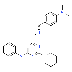 ChemSpider 2D Image | 4-{2-[4-(Dimethylamino)benzylidene]hydrazino}-N-phenyl-6-(1-piperidinyl)-1,3,5-triazin-2-amine | C23H28N8