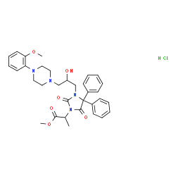 ChemSpider 2D Image | Methyl 2-(3-{2-hydroxy-3-[4-(2-methoxyphenyl)-1-piperazinyl]propyl}-2,5-dioxo-4,4-diphenyl-1-imidazolidinyl)propanoate hydrochloride (1:1) | C33H39ClN4O6
