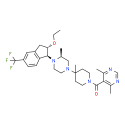 ChemSpider 2D Image | (4,6-Dimethyl-5-pyrimidinyl)(4-{(3S)-4-[(1S,2S)-2-ethoxy-5-(trifluoromethyl)-2,3-dihydro-1H-inden-1-yl]-3-methyl-1-piperazinyl}-4-methyl-1-piperidinyl)methanone | C30H40F3N5O2