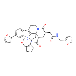 ChemSpider 2D Image | 2-[(1S,3R,12bS)-12b-(2-Cyclopentylethyl)-10-(2-furyl)-1-(4-morpholinylcarbonyl)-4-oxo-1,2,3,4,6,7,12,12b-octahydroindolo[2,3-a]quinolizin-3-yl]-N-(2-furylmethyl)acetamide | C38H44N4O6