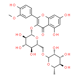 ChemSpider 2D Image | 5,7-Dihydroxy-2-(4-hydroxy-3-methoxyphenyl)-4-oxo-4H-chromen-3-yl 6-O-(6-deoxy-L-mannopyranosyl)-beta-D-glucopyranoside | C28H32O16