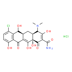 ChemSpider 2D Image | (4S,4aS,5aS,6R,12aS)-7-Chloro-4-(dimethylamino)-3,6,10,12,12a-pentahydroxy-1,11-dioxo-1,4,4a,5,5a,6,11,12a-octahydro-2-tetracenecarboxamide hydrochloride (1:1) | C21H22Cl2N2O8