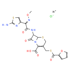 ChemSpider 2D Image | Hydrogen chloride - 7-{[(2-amino-1,3-thiazol-4-yl)(methoxyimino)acetyl]amino}-3-[(2-furoylsulfanyl)methyl]-8-oxo-5-thia-1-azabicyclo[4.2.0]oct-2-ene-2-carboxylic acid (1:1:1) | C19H18ClN5O7S3
