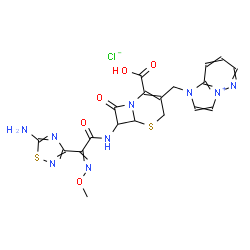ChemSpider 2D Image | 1-[(7-{[(5-Amino-1,2,4-thiadiazol-3-yl)(methoxyimino)acetyl]amino}-2-carboxy-8-oxo-5-thia-1-azabicyclo[4.2.0]oct-2-en-3-yl)methyl]-1H-imidazo[1,2-b]pyridazin-4-ium chloride | C19H18ClN9O5S2