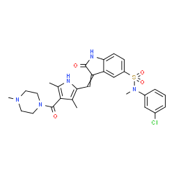 ChemSpider 2D Image | N-(3-Chlorophenyl)-3-({3,5-dimethyl-4-[(4-methyl-1-piperazinyl)carbonyl]-1H-pyrrol-2-yl}methylene)-N-methyl-2-oxo-5-indolinesulfonamide | C28H30ClN5O4S