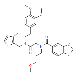 ChemSpider 2D Image | N-(2-{[2-(3,4-Dimethoxyphenyl)ethyl][(3-methyl-2-thienyl)methyl]amino}-2-oxoethyl)-N-(3-methoxypropyl)-1,3-benzodioxole-5-carboxamide | C30H36N2O7S