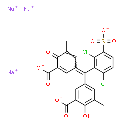 ChemSpider 2D Image | Trisodium 5-[(E)-(3-carboxylato-5-methyl-4-oxo-2,5-cyclohexadien-1-ylidene)(2,6-dichloro-3-sulfonatophenyl)methyl]-2-hydroxy-3-methylbenzoate | C23H13Cl2Na3O9S