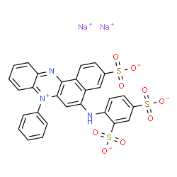 ChemSpider 2D Image | Disodium 4-[(7-phenyl-3-sulfonatobenzo[a]phenazin-7-ium-5-yl)amino]-1,3-benzenedisulfonate | C28H17N3Na2O9S3