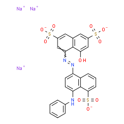 ChemSpider 2D Image | Trisodium 4-[(E)-(4-anilino-5-sulfonato-1-naphthyl)diazenyl]-5-hydroxy-2,7-naphthalenedisulfonate | C26H16N3Na3O10S3