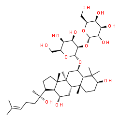 ChemSpider 2D Image | (3beta,5beta,6alpha,8alpha,9beta,12alpha,13alpha,14beta,17xi)-3,12,20-Trihydroxydammar-24-en-6-yl 2-O-alpha-L-galactopyranosyl-alpha-L-talopyranoside | C42H72O14