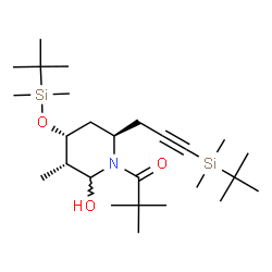 ChemSpider 2D Image | 1-[(3R,4R,6R)-4-{[Dimethyl(2-methyl-2-propanyl)silyl]oxy}-6-{3-[dimethyl(2-methyl-2-propanyl)silyl]-2-propyn-1-yl}-2-hydroxy-3-methyl-1-piperidinyl]-2,2-dimethyl-1-propanone | C26H51NO3Si2