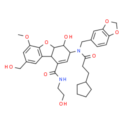 ChemSpider 2D Image | 3-[(1,3-Benzodioxol-5-ylmethyl)(3-cyclopentylpropanoyl)amino]-4-hydroxy-N-(2-hydroxyethyl)-8-(hydroxymethyl)-6-methoxy-3,4,4a,9b-tetrahydrodibenzo[b,d]furan-1-carboxamide | C33H40N2O9