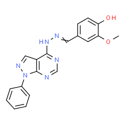 ChemSpider 2D Image | 2-Methoxy-4-{[(2Z)-(1-phenyl-1,5-dihydro-4H-pyrazolo[3,4-d]pyrimidin-4-ylidene)hydrazono]methyl}phenol | C19H16N6O2