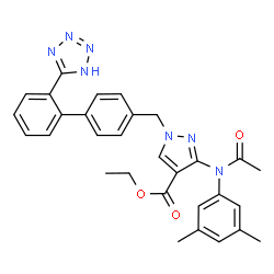 ChemSpider 2D Image | Ethyl 3-[acetyl(3,5-dimethylphenyl)amino]-1-{[2'-(1H-tetrazol-5-yl)-4-biphenylyl]methyl}-1H-pyrazole-4-carboxylate | C30H29N7O3