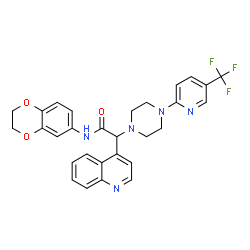 ChemSpider 2D Image | N-(2,3-Dihydro-1,4-benzodioxin-6-yl)-2-(4-quinolinyl)-2-{4-[5-(trifluoromethyl)-2-pyridinyl]-1-piperazinyl}acetamide | C29H26F3N5O3