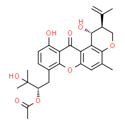 ChemSpider 2D Image | (2S)-1-[(1R,2S)-1,11-Dihydroxy-2-isopropenyl-5-methyl-12-oxo-1,2,3,12-tetrahydropyrano[3,2-a]xanthen-8-yl]-3-hydroxy-3-methyl-2-butanyl acetate | C27H30O8