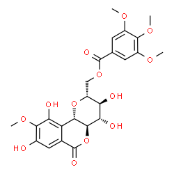 ChemSpider 2D Image | [(2R,3S,4S,4aR,10bS)-3,4,8,10-Tetrahydroxy-9-methoxy-6-oxo-2,3,4,4a,6,10b-hexahydropyrano[3,2-c]isochromen-2-yl]methyl 3,4,5-trimethoxybenzoate | C24H26O13