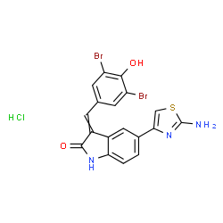 ChemSpider 2D Image | 5-(2-Amino-1,3-thiazol-4-yl)-3-(3,5-dibromo-4-hydroxybenzylidene)-1,3-dihydro-2H-indol-2-one hydrochloride (1:1) | C18H12Br2ClN3O2S