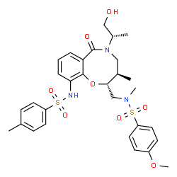 ChemSpider 2D Image | N-{[(2R,3R)-5-[(2S)-1-Hydroxy-2-propanyl]-3-methyl-10-{[(4-methylphenyl)sulfonyl]amino}-6-oxo-3,4,5,6-tetrahydro-2H-1,5-benzoxazocin-2-yl]methyl}-4-methoxy-N-methylbenzenesulfonamide | C30H37N3O8S2
