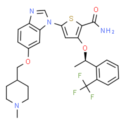ChemSpider 2D Image | 5-{6-[(1-Methyl-4-piperidinyl)methoxy]-1H-benzimidazol-1-yl}-3-{(1R)-1-[2-(trifluoromethyl)phenyl]ethoxy}-2-thiophenecarboxamide | C28H29F3N4O3S