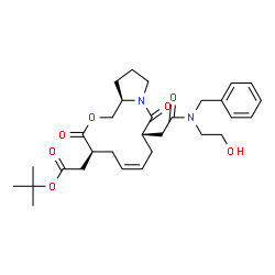 ChemSpider 2D Image | 2-Methyl-2-propanyl [(4S,6Z,9S,14aR)-9-{2-[benzyl(2-hydroxyethyl)amino]-2-oxoethyl}-3,10-dioxo-3,4,5,8,9,10,12,13,14,14a-decahydro-1H-pyrrolo[2,1-c][1,4]oxazacyclododecin-4-yl]acetate | C30H42N2O7